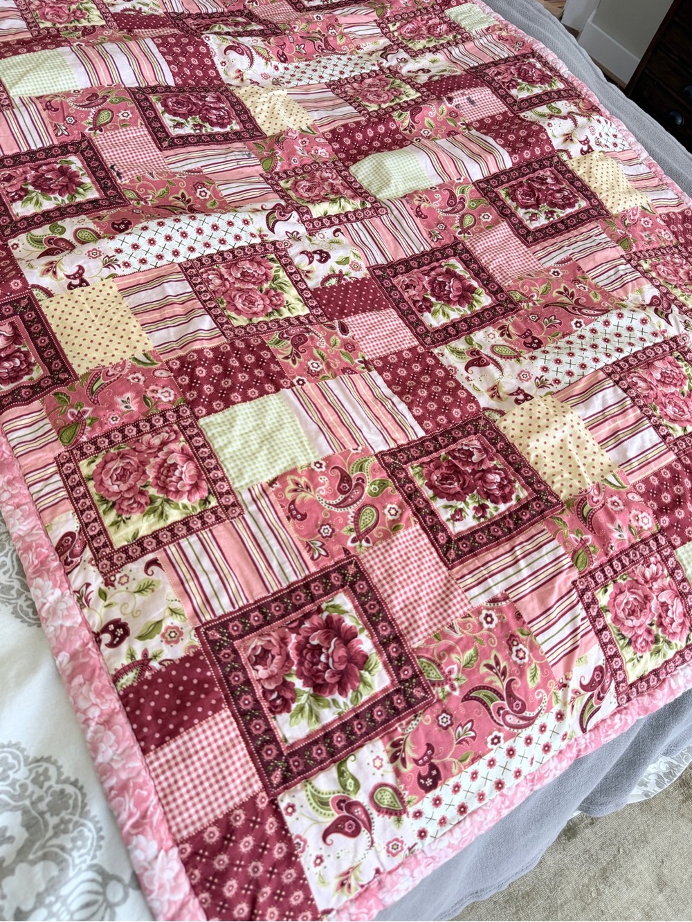 Handmade Paisley Quilted Throw Blanket Red Pink